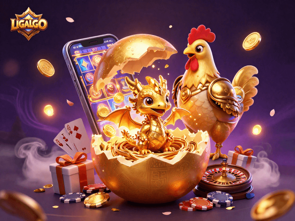 LIGALGO showcases a golden dragon emerging from a nest of poker chips, amidst dynamic casino elements.