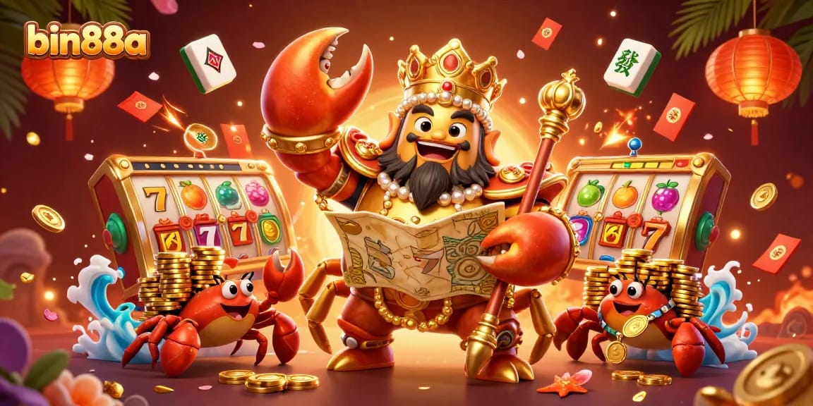 Experience a thrilling casino atmosphere with bin88a through this vibrant 3D illustration showcasing golden crab emperor, slot reels, and festive decorations.