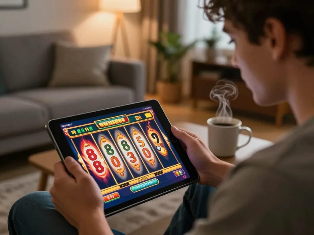 Player enjoys online slot game experience on tablet, embodying interdisciplinary excitement of dreidelsandmore digital gambling.