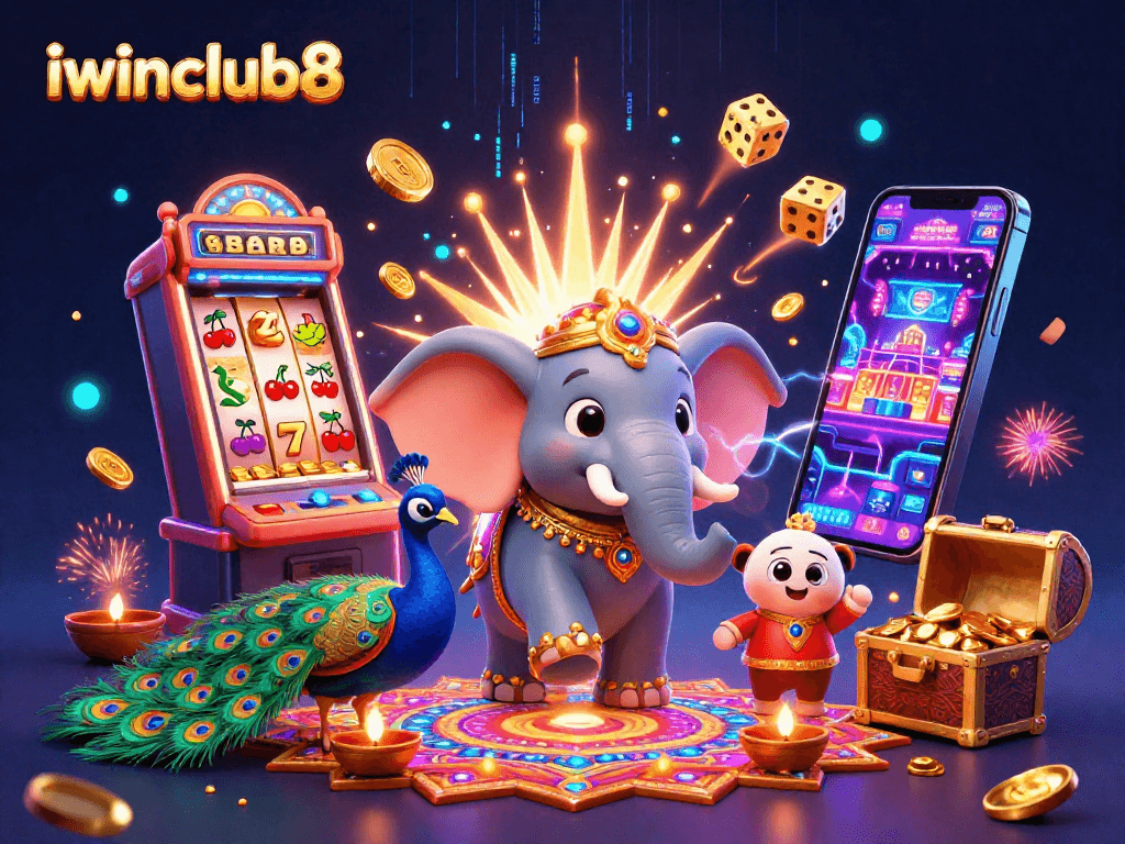 Play exciting games at iwinclub8 with vibrant elements like elephants and slot machines.