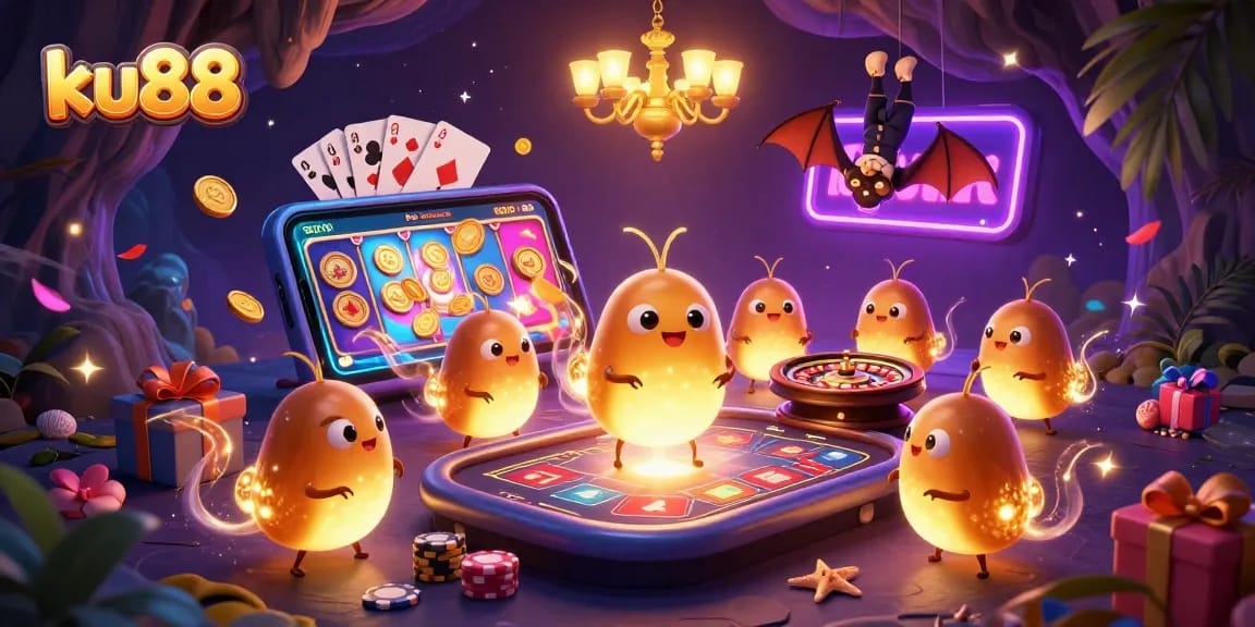 ku88 illuminates a vibrant cave casino scene with glowworms and plush game elements