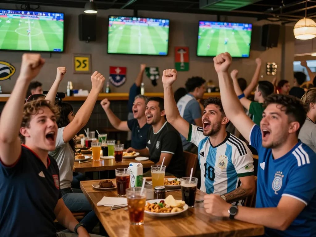 Fans celebrating at a vibrant sports bar during worldcup2026 viewing event.