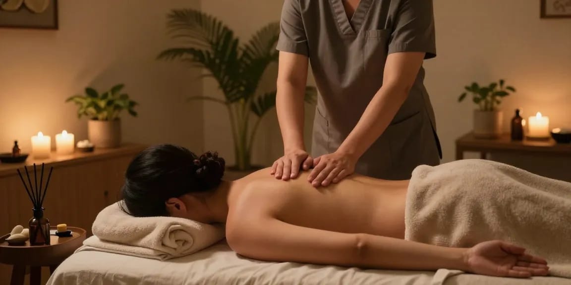 Relaxing 안양출장안마 session in a tranquil massage therapy room.