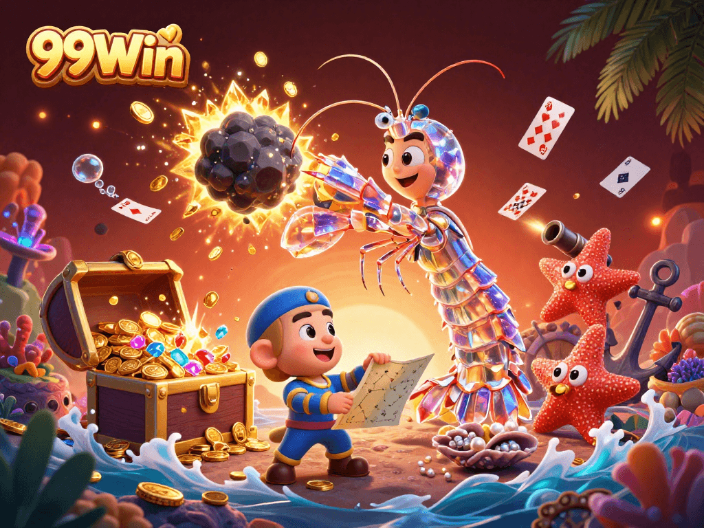 Experience thrilling gameplay at 99Win as cartoon mantis shrimp and starfish explore a treasure-filled underwater scene.