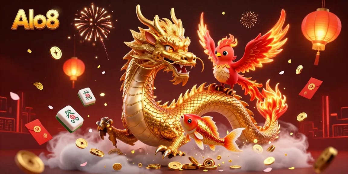 Alo8 features a fierce dragon and phoenix amidst a shower of coins, celebrating the thrill of gaming.