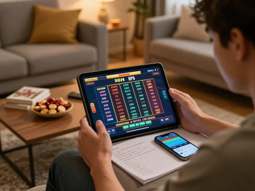 Player engaged in online gambling session revealing data sgp in a cozy home environment, emphasizing responsible gaming.