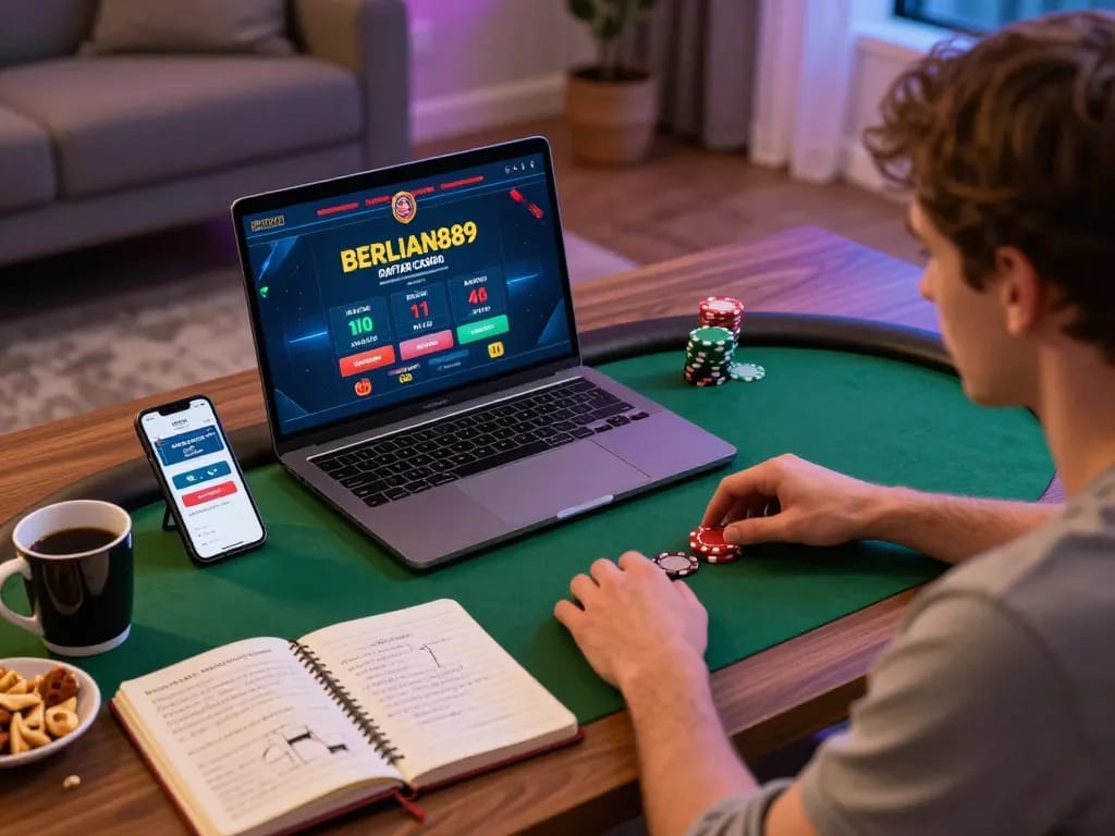 Player enjoying a strategic poker game with BERLIAN889 Daftar app open, cozy home setup visible