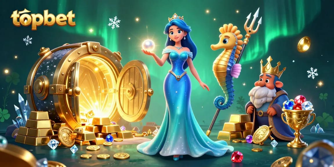 Win big with topbet at luxurious casinos, surrounded by treasures in this vibrant 3D illustration.