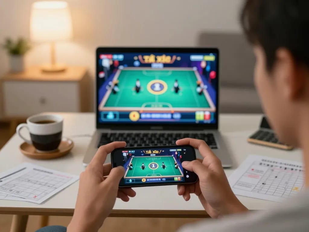Tài xỉu online gaming on a smartphone in a cozy living room environment.