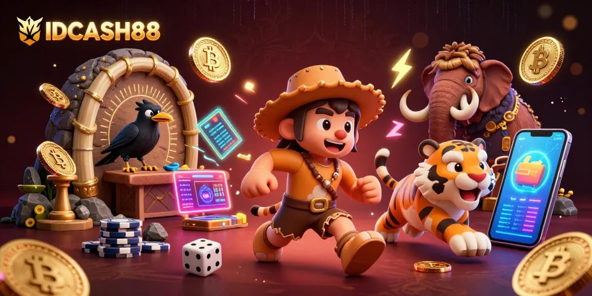 Engage with IDCASH88 for thrilling slot action featuring 3D cartoon characters in a prehistoric casino.
