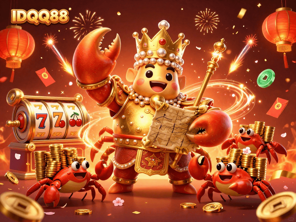 Engage with the vibrant casino world of IDQQ88, featuring a royal crab emperor surrounded by slot reels and celebration elements.