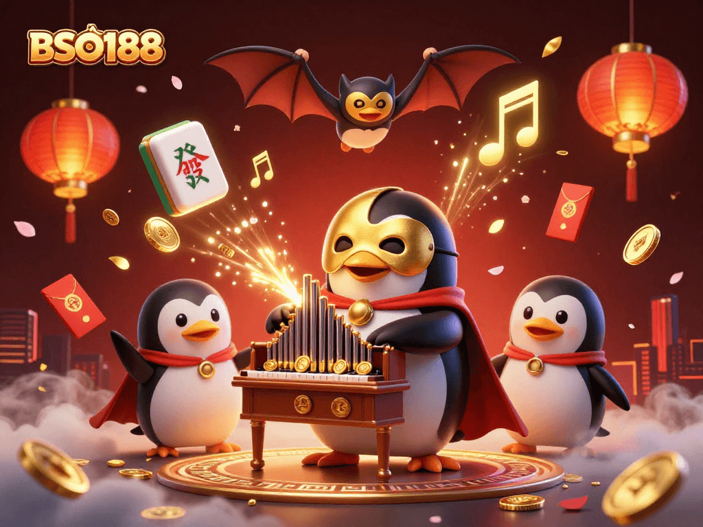 Engage with BSO188 at an enchanting casino scene featuring a penguin playing an organ shooting gold coins.