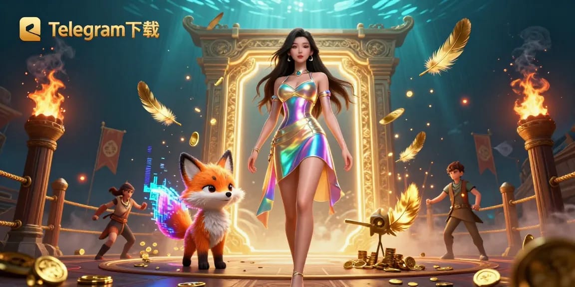 体验激动人心的游戏玩法，使用Telegram下载，置身于充满金色硬币和角色的生动赌场场景中。