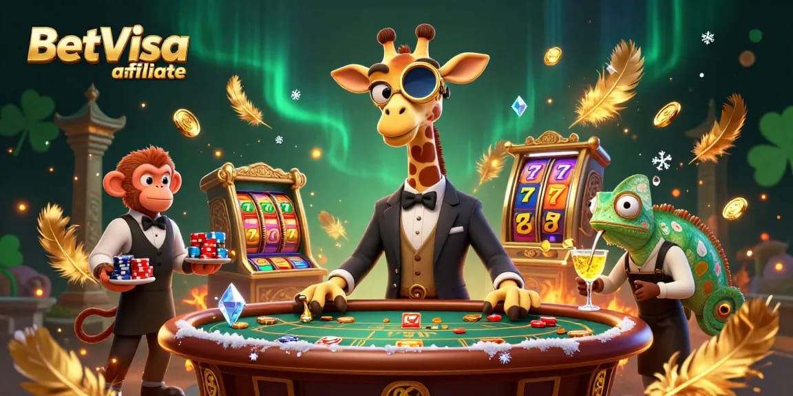 BetVisa affiliate showcases a vibrant casino scene with a high-roller giraffe and diverse gaming elements.