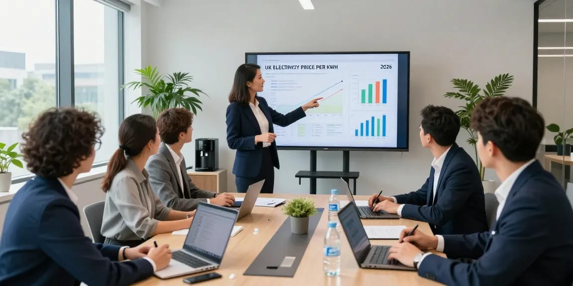 Business meeting illustrating discussions on the uk electricity price per kwh 2026 with professionals analyzing data and trends.