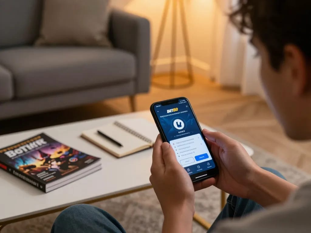 Link vào chơi Bet88 with excitement on a smartphone during cozy home gaming session