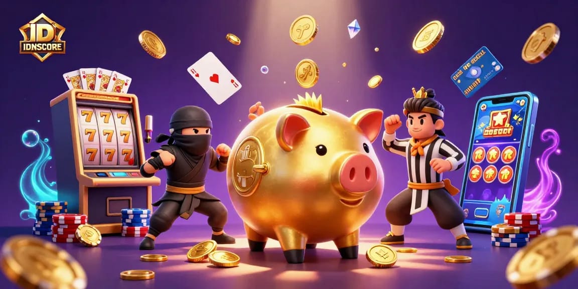 IDNSCORE platform features a dynamic gaming illustration with a sumo wrestler and casino elements.