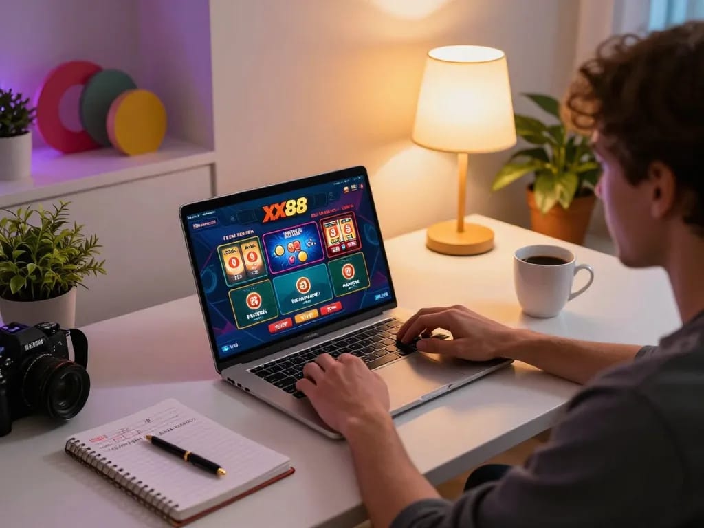 Player engaged in online gambling at home with XX88 interface displayed, showcasing a cozy gaming setup