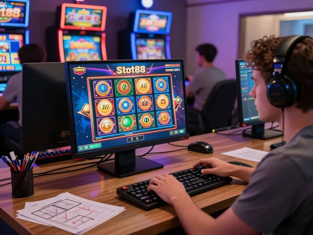 Engaged players enjoying SLOT88 online gaming experience, showcasing thrilling slot machines and vibrant graphics.