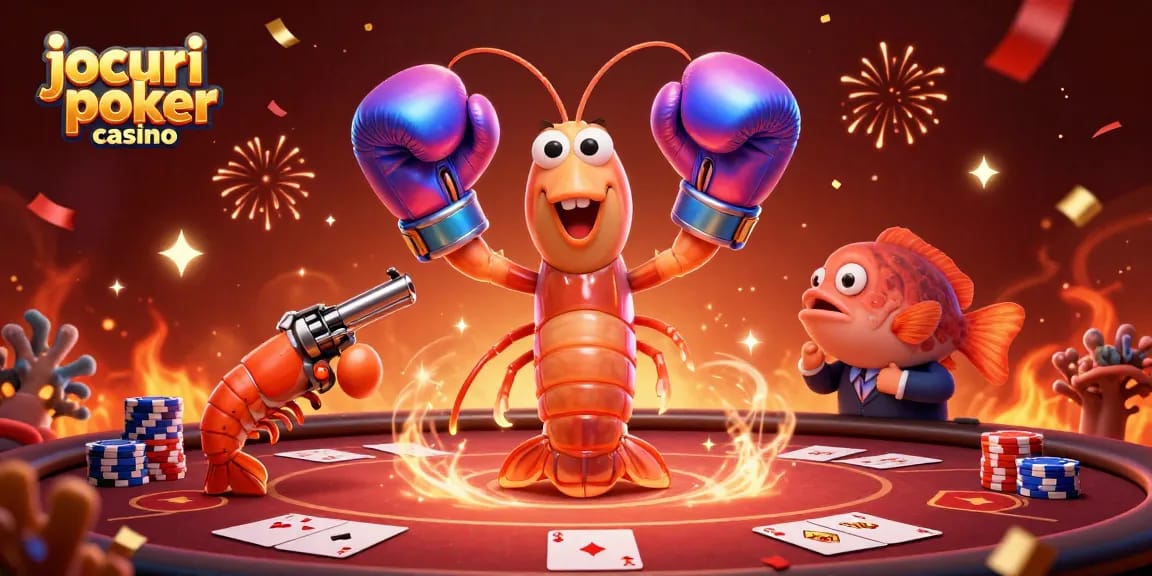 Joacă jocuri poker casino într-o scenă dinamică cu creveți și efecte de sărbătoare.