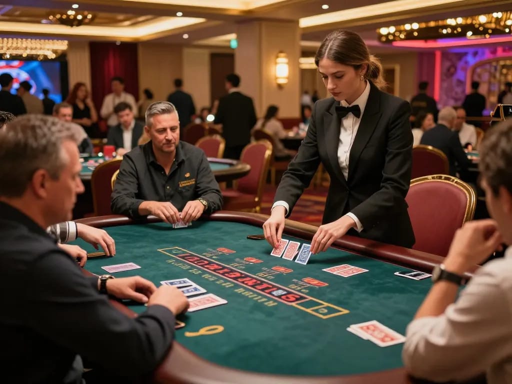 Players strategizing at a blackjack table in fabet casino, creating an exciting gambling atmosphere