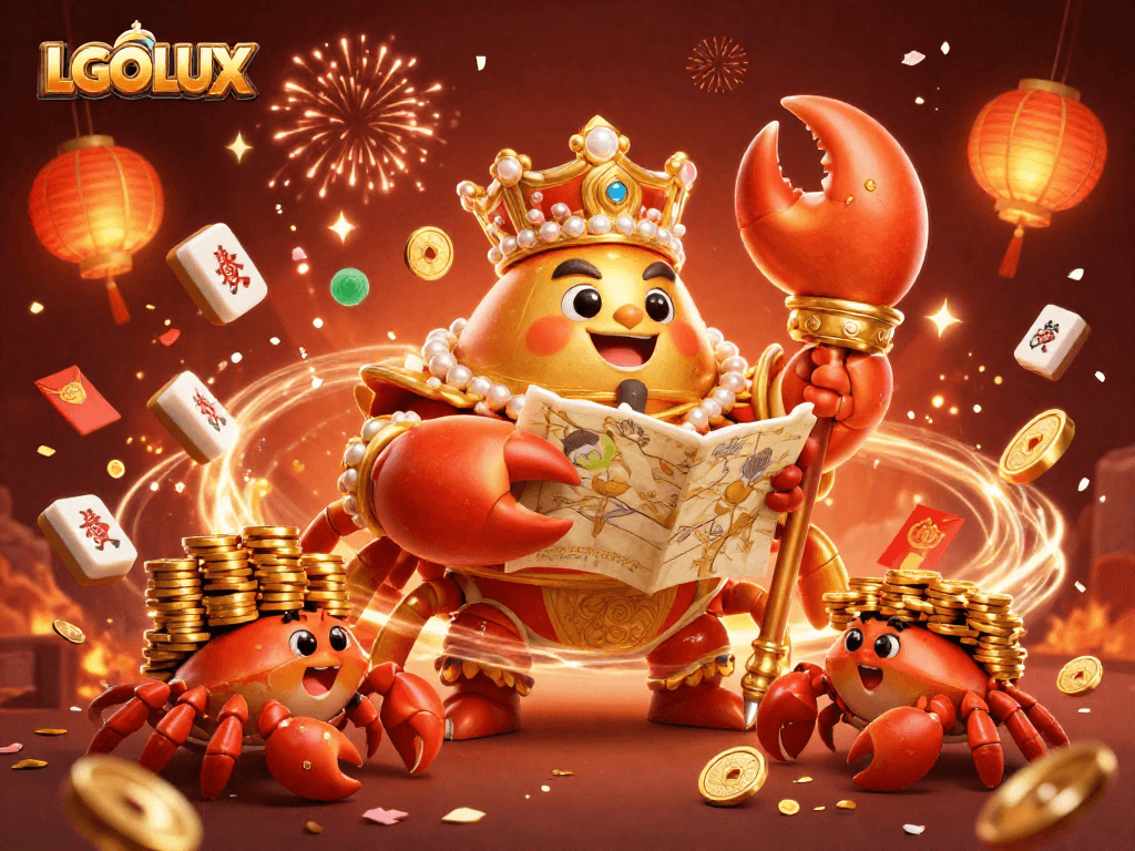 Experience exciting gameplay with LGOLUX, featuring a golden crab emperor amid vibrant casino elements.
