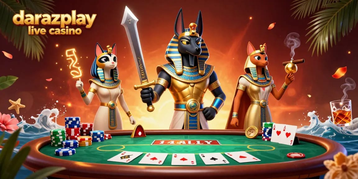 Experience thrilling play at darazplay live casino with Anubis and Bastet amidst vibrant poker action.