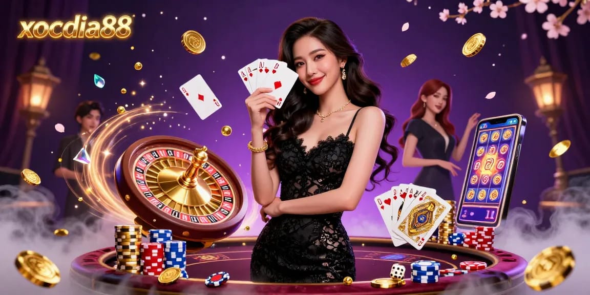 Xocdiaa88 - Experience thrilling casino gameplay with a stunning Asian woman holding ace cards.