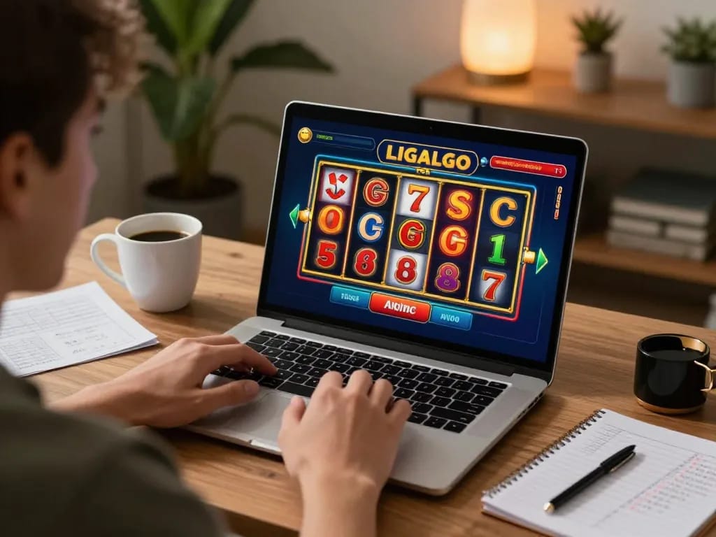 LIGALGO SLOT player engaged in thrilling online gaming on a laptop at home, showcasing vibrant gameplay.