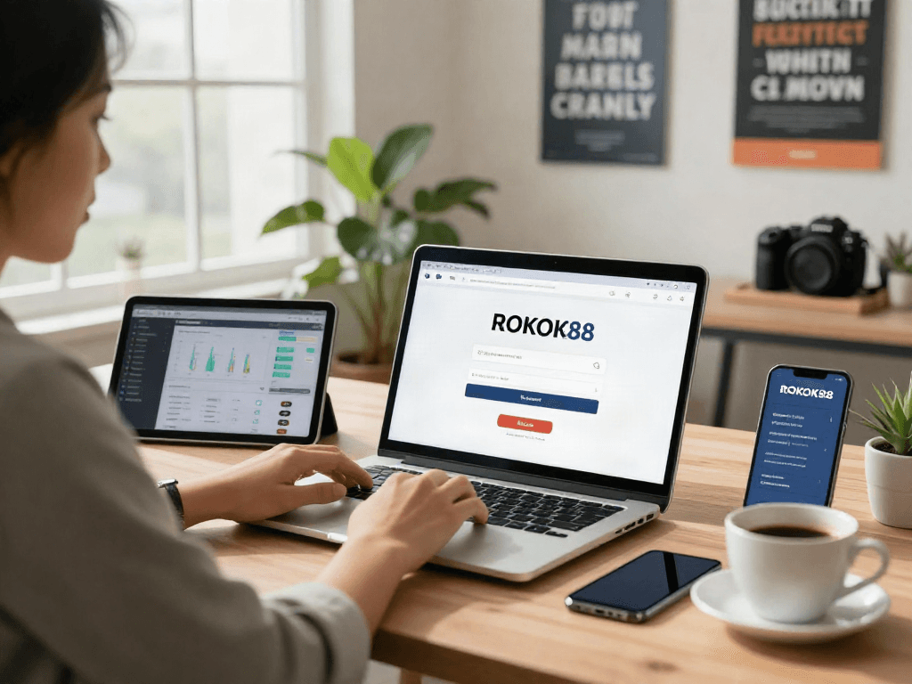 ROKOK88 login interface showcased on a laptop in a modern workspace.
