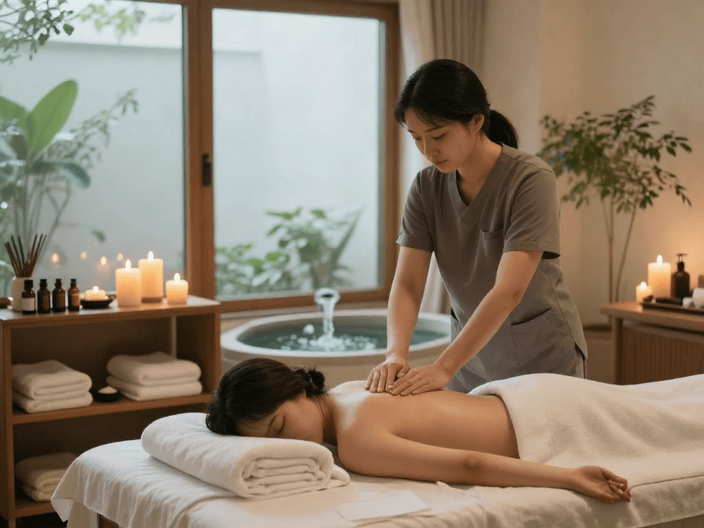 남양주출장안마 massage scene with tranquil spa setting, soothing atmosphere, and skilled therapist.