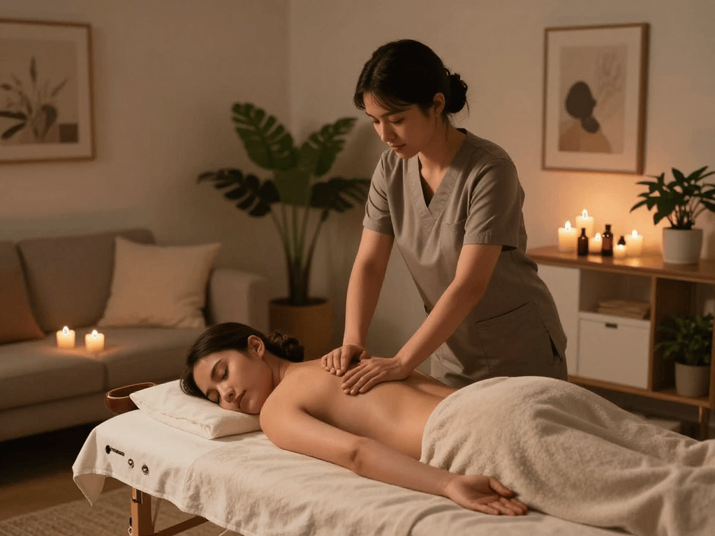 Intimate 인천출장마사지 session showcasing a tranquil home environment with a professional therapist offering a soothing massage.