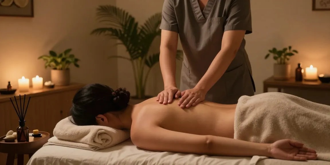 Relaxing 안양출장안마 session in a tranquil massage therapy room.