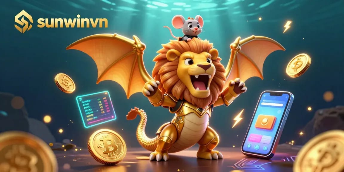 Experience the thrilling world of sunwinvn with 3D golden chimera riding crypto waves.