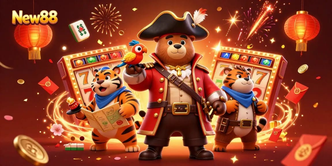 Experience the thrill of New88 with a vibrant scene featuring a pirate captain bear, a fierce tiger, and golden gambling treasures.