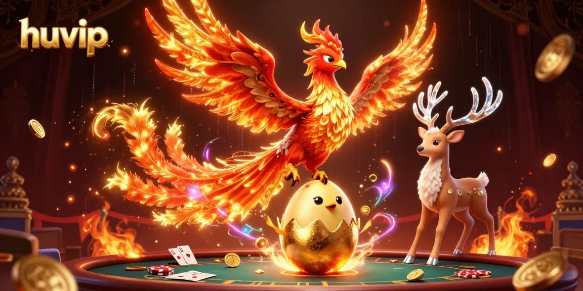 Engage in thrilling poker at the huvip casino, highlighted by a 3D phoenix and dynamic elements.