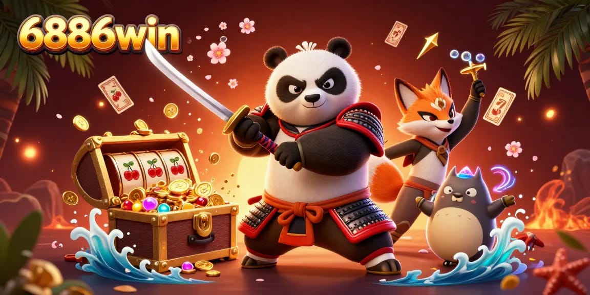 Spin the reels with 6886win's 3D illustration showcasing thrilling jackpot action and laser-focused characters.