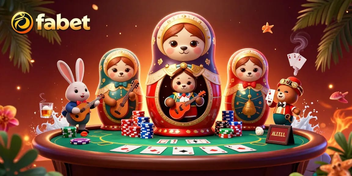 Experience the vibrant fabet casino scene with colorful chip stacks, playful characters, and engaging table elements.