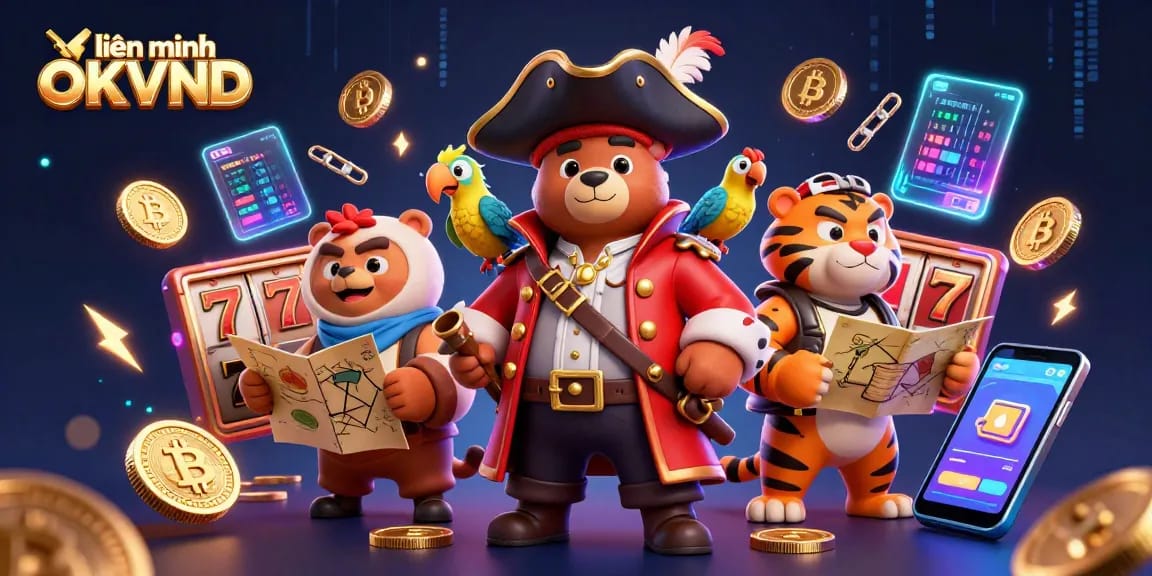 Engage with liên minh OKVND through an exciting 3D casino scene featuring games and treasures.