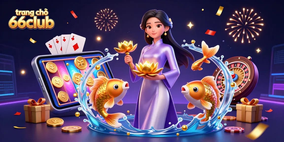 Experience the thrill of gaming at trang chủ 66club with an elegant Asian woman and vibrant casino elements.