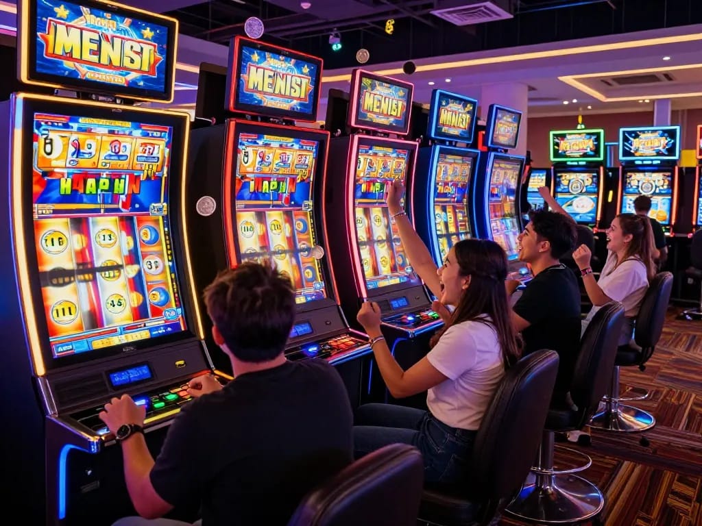 Agen Slot88 players enjoying wins at vibrant slot machine area in modern casino