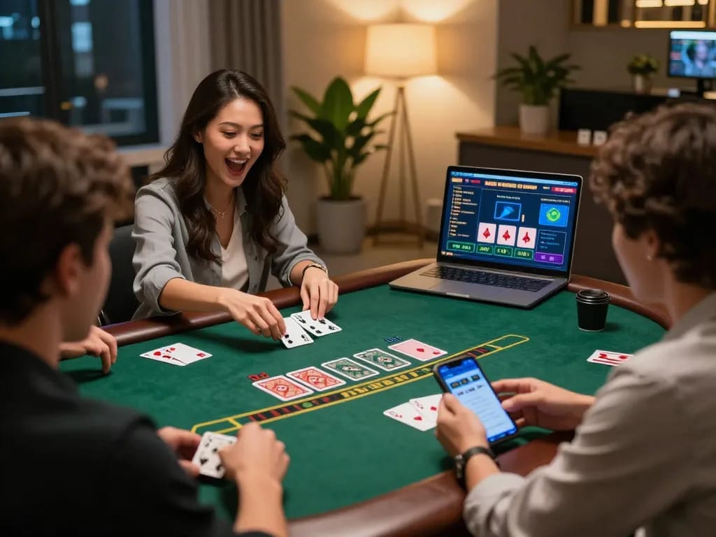 Players enjoying live dealer gameplay in a home setting on 68gamebaivn platform, showcasing engaging online casino action.