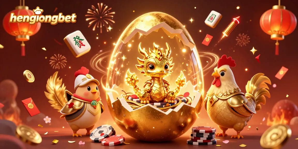 Join the excitement at hengongbet with a golden dragon and poker chips in a vibrant casino scene.