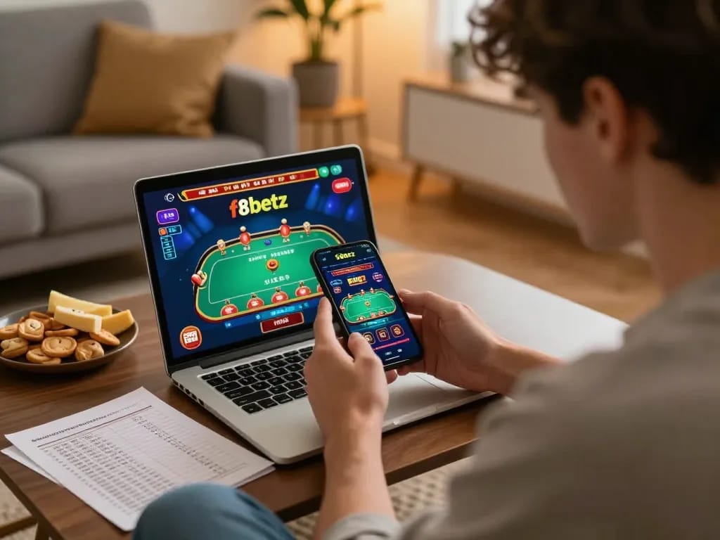 Engaged player using f8betz app for live casino betting in a cozy home setting.