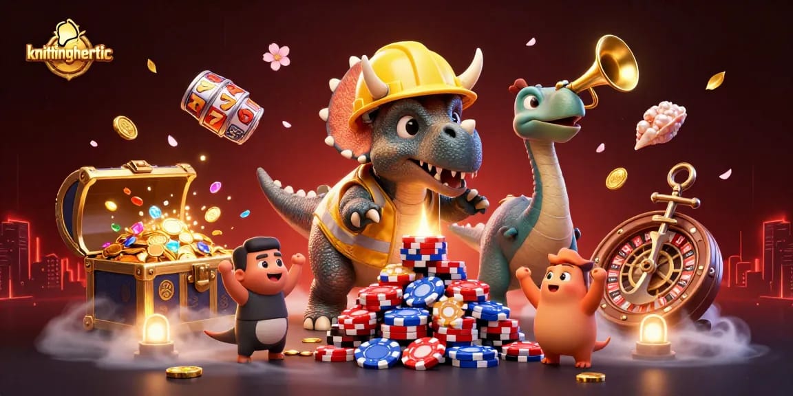 knittingheretic showcases a thrilling casino scene featuring a triceratops building a poker chip pyramid.