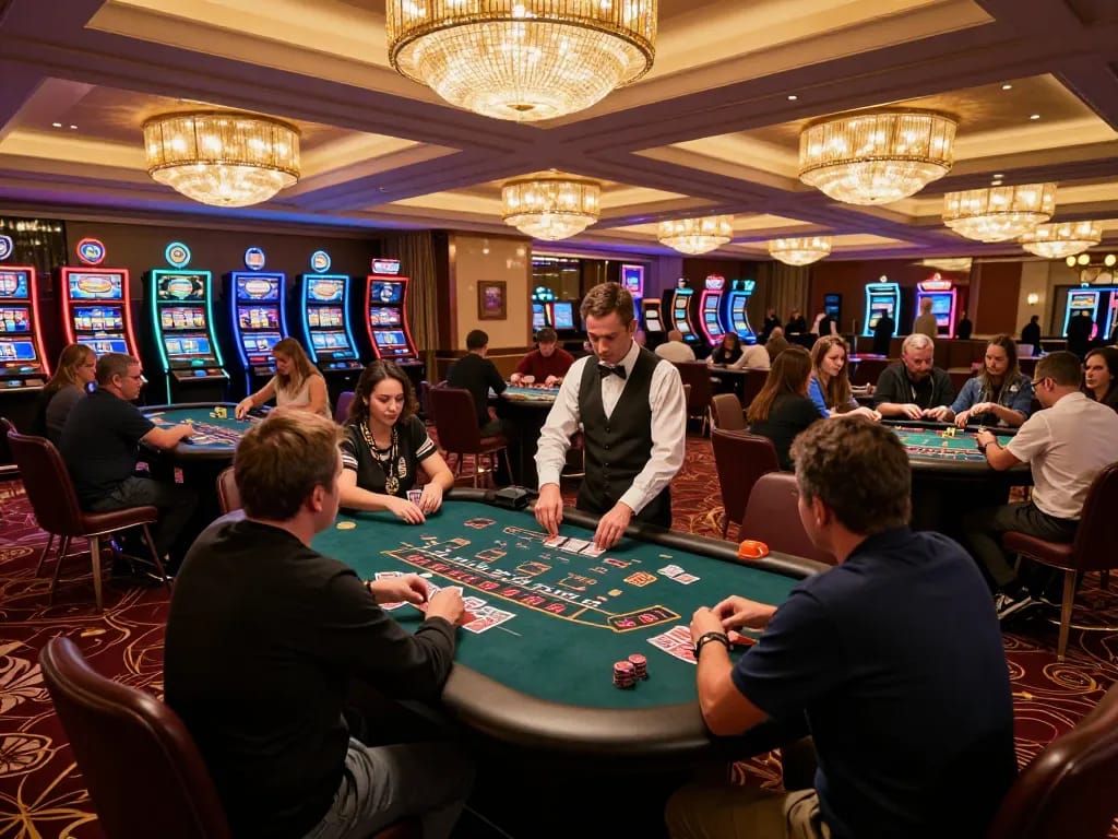 Schoeneck Hotel guests engaged in exciting blackjack gameplay on a vibrant casino floor.