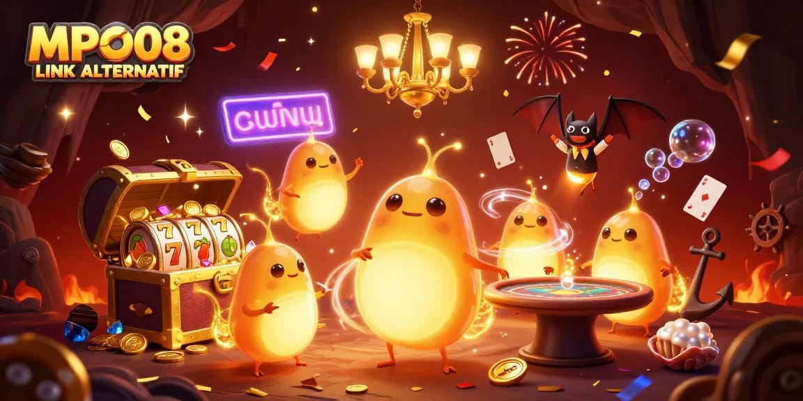 MPO08 LINK ALTERNATIF enhances gaming excitement with glowing characters and dynamic casino elements.