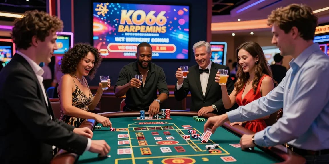 Players enjoying the excitement of KO66 at the casino, engaged at the roulette table with colorful chips and lively atmosphere.