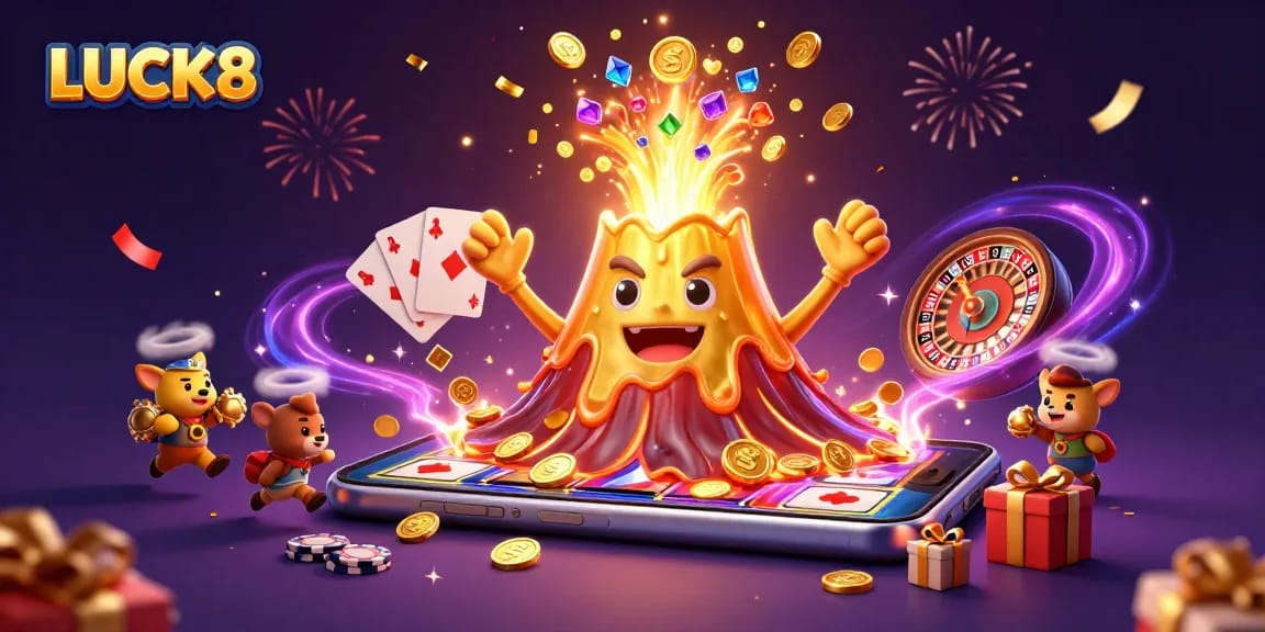 Win big with LUCK8 in this vibrant casino-themed 3D illustration featuring treasure and excitement!