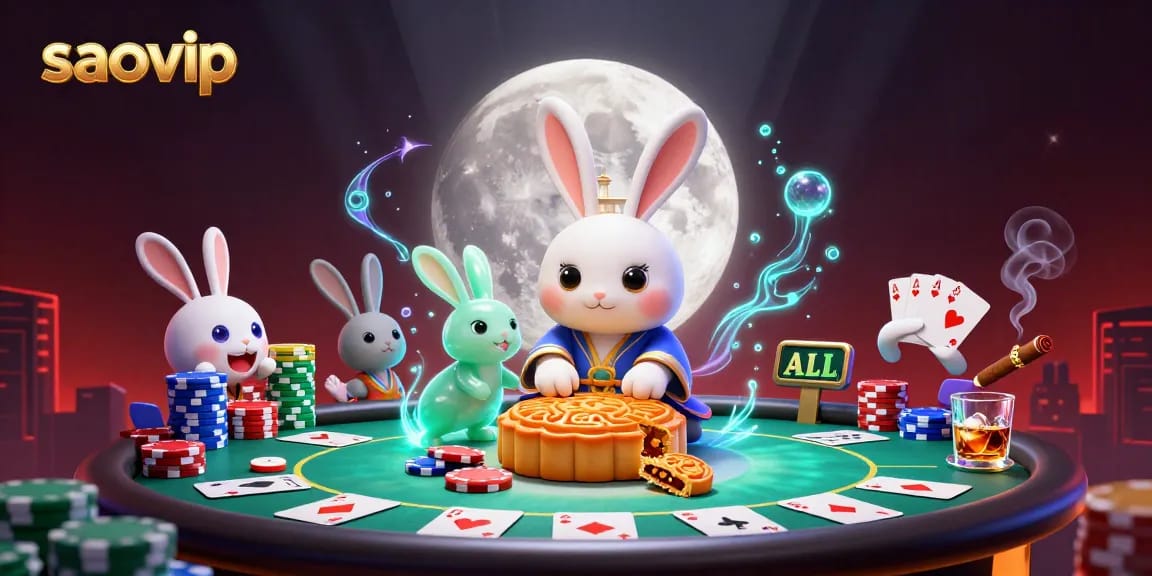 Experience saovip's thrilling gaming adventure with a magical rabbit revealing poker chips amidst moonlit ambiance.